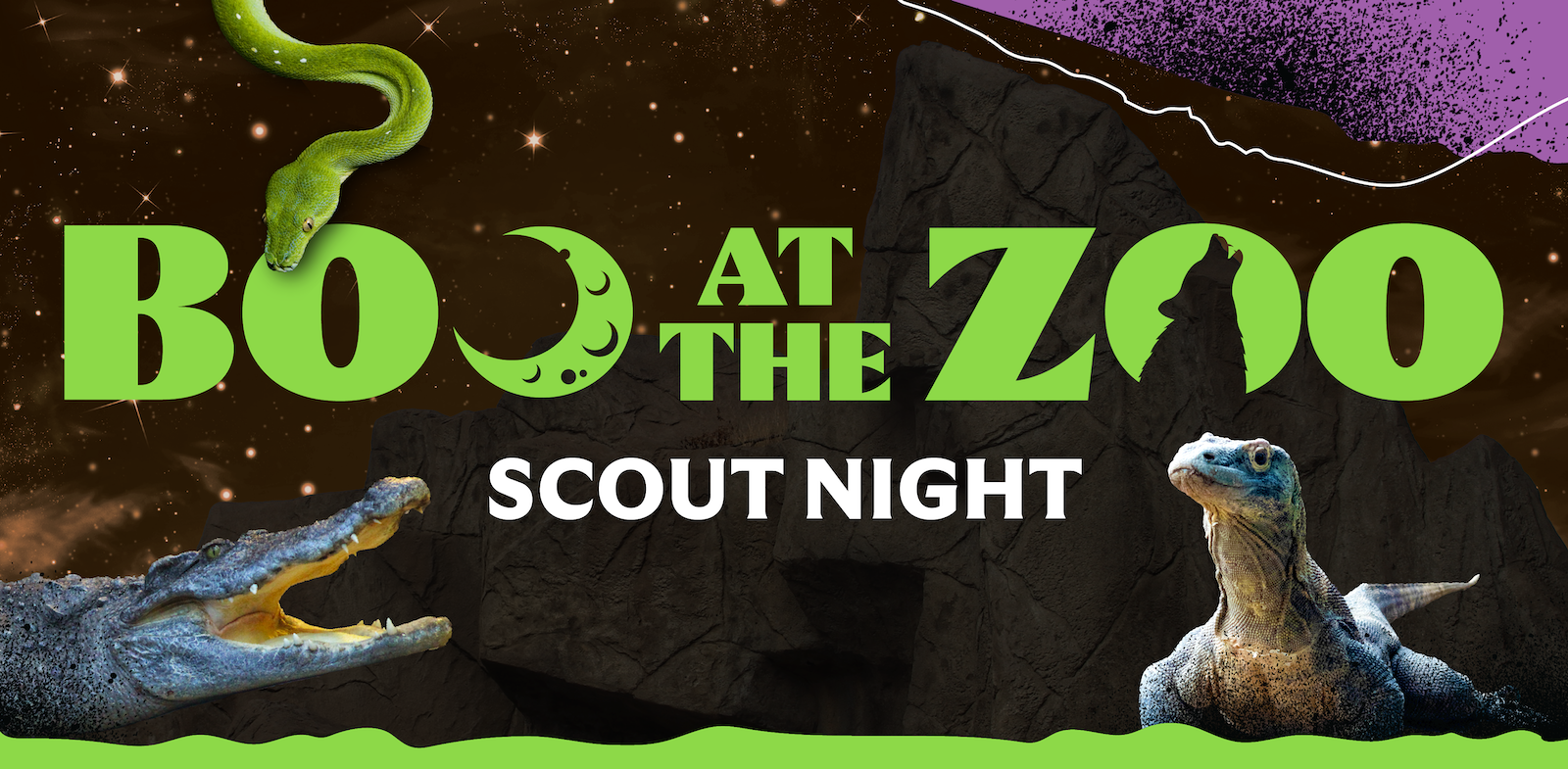 Image that reads Boo at the Zoo Scout Night with a crocodile, lizard, and snake.