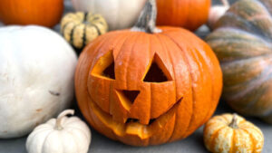 Pumpkin carved with jack-o-lantern face among a pile of pumkins and gourds
