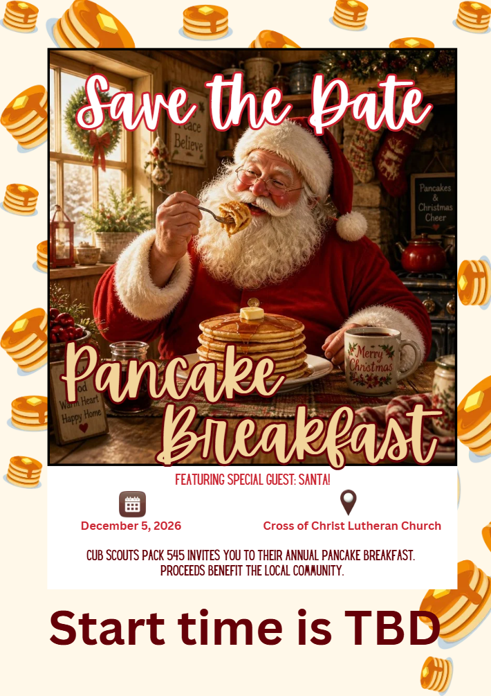 AI generated Image of Santa eating pancakes. Save the Date, Pancake Breakfast. Dec 5, 2026